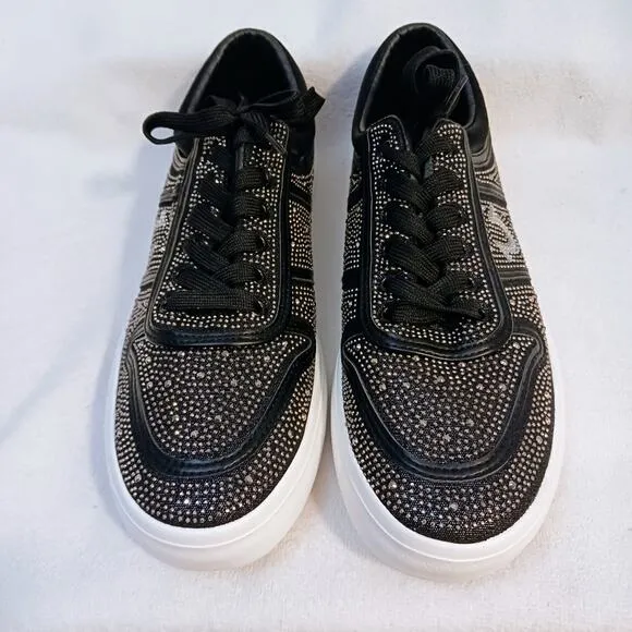 True Religion Rhinestone Sneakers Sz 8.5 BLACK Embellished Trainers Sparkle NEW