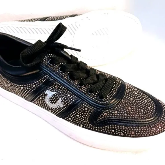 True Religion Rhinestone Sneakers Sz 8.5 BLACK Embellished Trainers Sparkle NEW