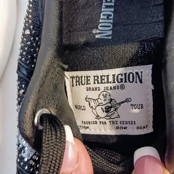 True Religion Rhinestone Sneakers Sz 8.5 BLACK Embellished Trainers Sparkle NEW