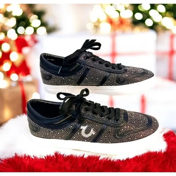 True Religion Rhinestone Sneakers Sz 8.5 BLACK Embellished Trainers Sparkle NEW