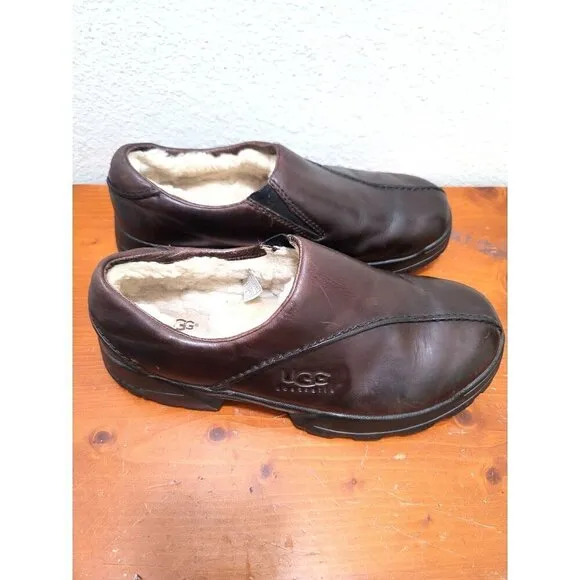 UGG Mens Brown Leather Slip-On Shoes With Shearling Lining Size 10