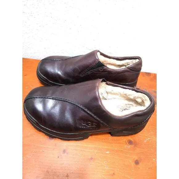 UGG Mens Brown Leather Slip-On Shoes With Shearling Lining Size 10