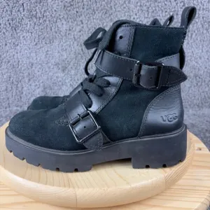 Ugg Zorrah Combat Boot Womens Size 7 Black Suede Leather Waterproof Moto Ankle