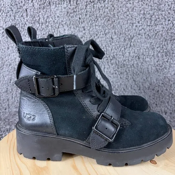 Ugg Zorrah Combat Boot Womens Size 7 Black Suede Leather Waterproof Moto Ankle