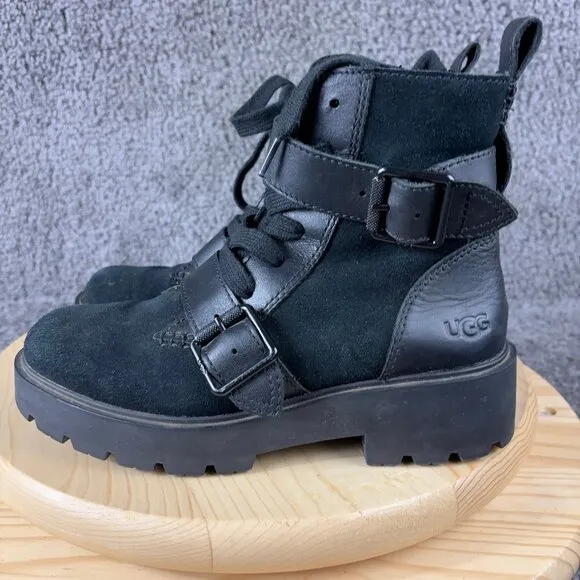 Ugg Zorrah Combat Boot Womens Size 7 Black Suede Leather Waterproof Moto Ankle