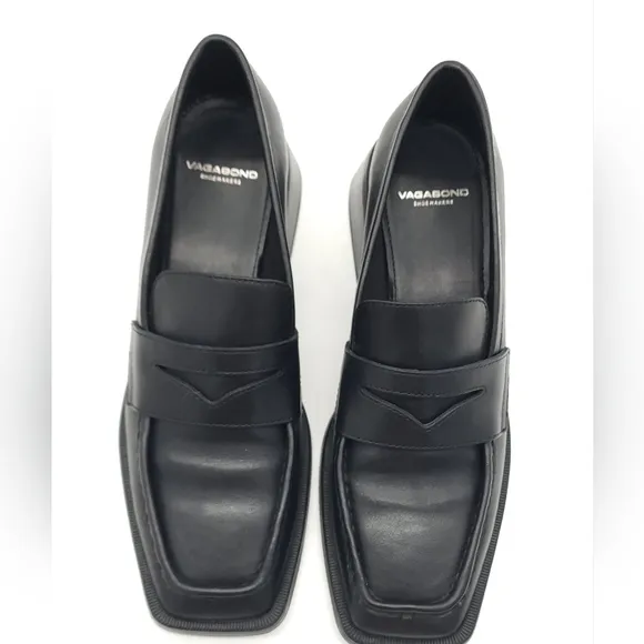 Vagabond Blanca Black Leather Block Heel Penny Loafer Square Toe Size 9 EU 39