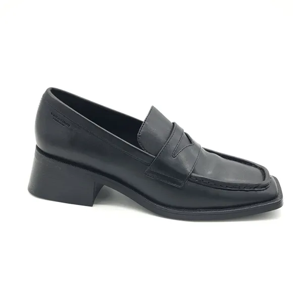 Vagabond Blanca Black Leather Block Heel Penny Loafer Square Toe Size 9 EU 39
