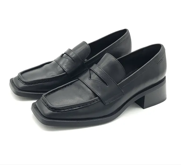 Vagabond Blanca Black Leather Block Heel Penny Loafer Square Toe Size 9 EU 39