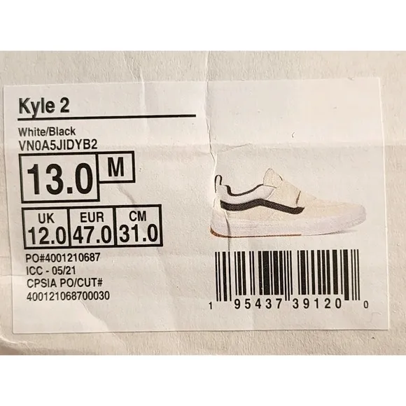 Vans Kyle 2 Sneaker White Black Men's Size 13 NEW Loop And Hook Rare Pop Cush
