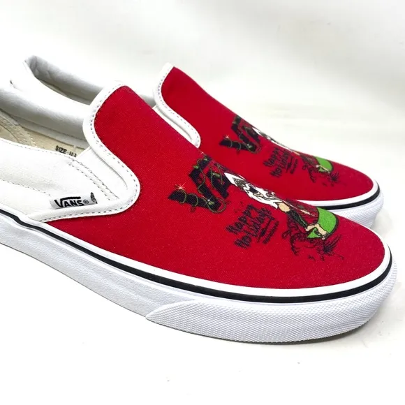 VANS Slip On Sneakers White Red Canvas Shoes Men Skate Low Top Custom Alsu01245