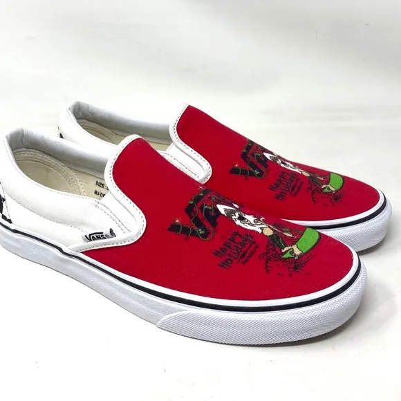 VANS Slip On Sneakers White Red Canvas Shoes Men Skate Low Top Custom Alsu01245