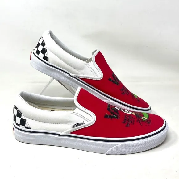 VANS Slip On Sneakers White Red Canvas Shoes Men Skate Low Top Custom Alsu01245