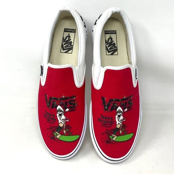 VANS Slip On Sneakers White Red Canvas Shoes Men Skate Low Top Custom Alsu01245
