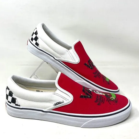 VANS Slip On Sneakers White Red Canvas Shoes Men Skate Low Top Custom Alsu01245