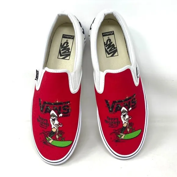 VANS Slip On Sneakers White Red Canvas Shoes Men Skate Low Top Custom Alsu01245