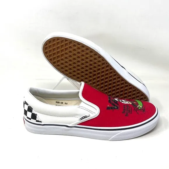 VANS Slip On Sneakers White Red Canvas Shoes Men Skate Low Top Custom Alsu01245