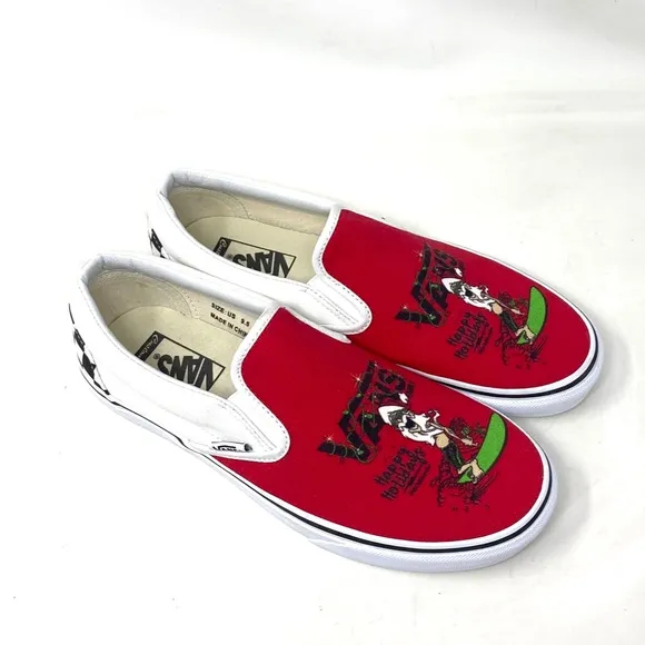 VANS Slip On Sneakers White Red Canvas Shoes Men Skate Low Top Custom Alsu01245