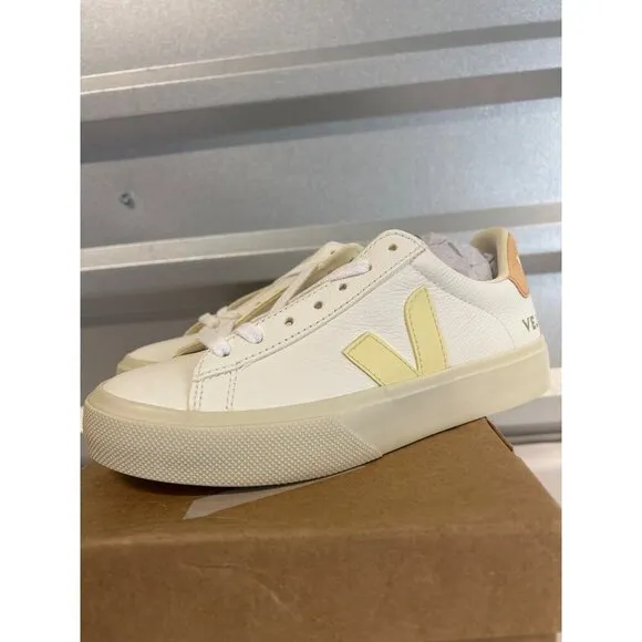 Veja Campo Chrome Free Leather Sneakers Shoes White Sun Peach Womens Size 4 35