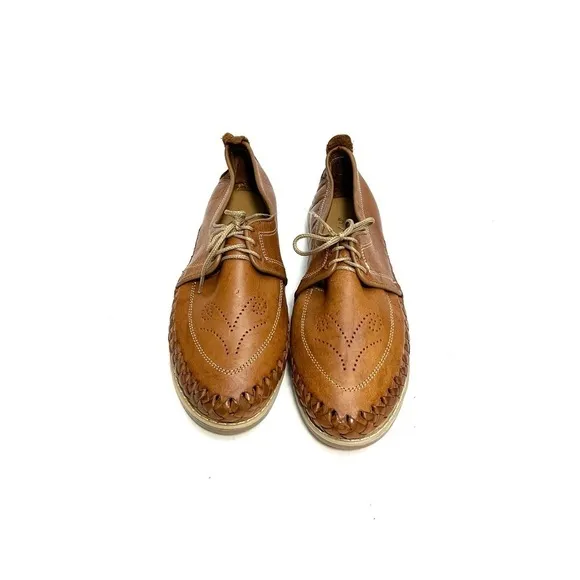 Vintage 1970s brown leather woven lace up casual deck shoes