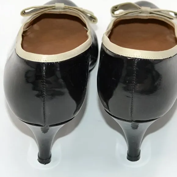Vintage 60s Palizzio Spanish Patent Leather Black Ivory Bow Court Pumps Heels 9