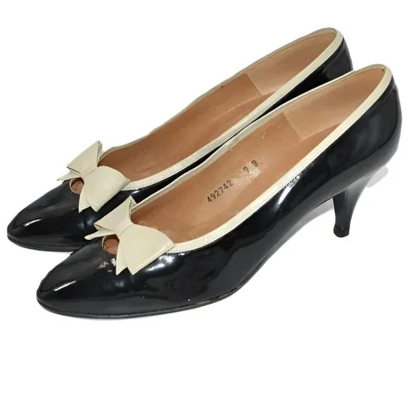 Vintage 60s Palizzio Spanish Patent Leather Black Ivory Bow Court Pumps Heels 9