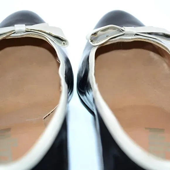 Vintage 60s Palizzio Spanish Patent Leather Black Ivory Bow Court Pumps Heels 9