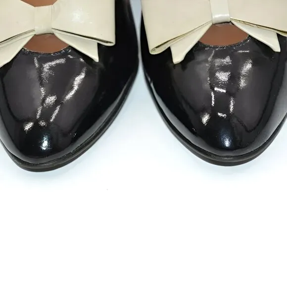 Vintage 60s Palizzio Spanish Patent Leather Black Ivory Bow Court Pumps Heels 9