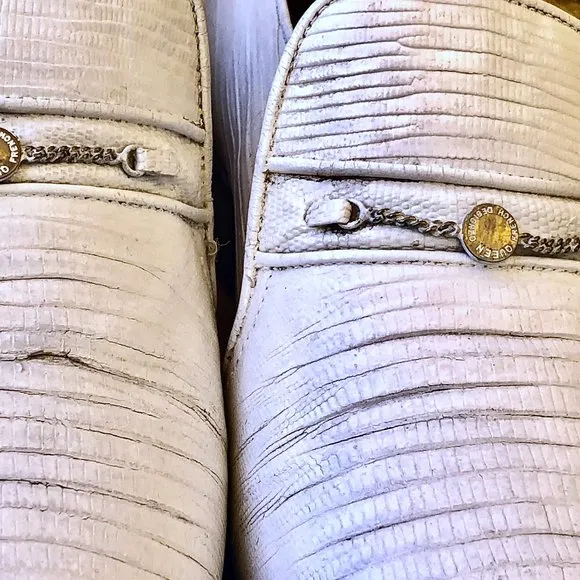 Vintage 80's Mens Dress Loafer White Leather Snake Print Queen French 10.5