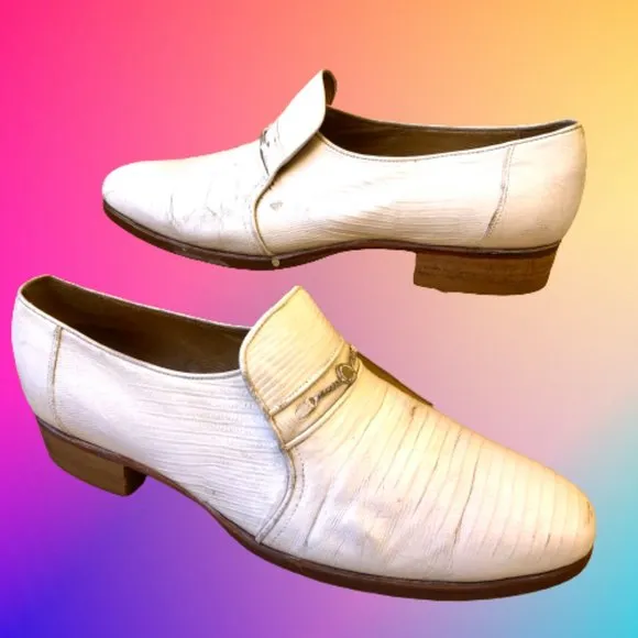 Vintage 80's Mens Dress Loafer White Leather Snake Print Queen French 10.5