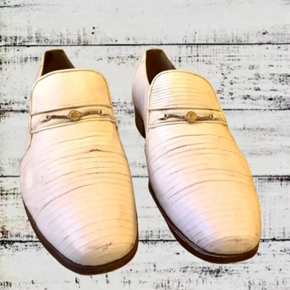 Vintage 80's Mens Dress Loafer White Leather Snake Print Queen French 10.5