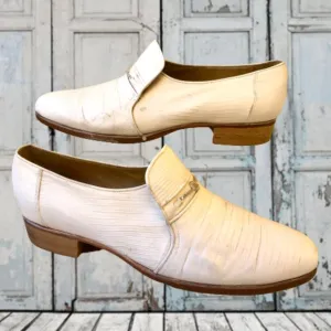 Vintage 80's Mens Dress Loafer White Leather Snake Print Queen French 10.5