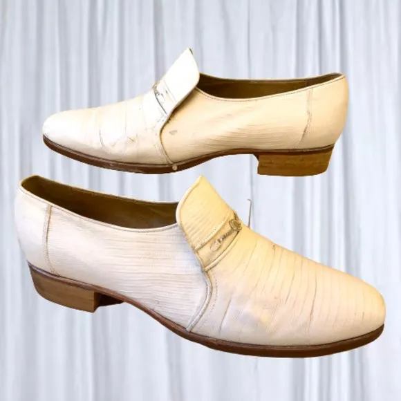 Vintage 80's Mens Dress Loafer White Leather Snake Print Queen French 10.5