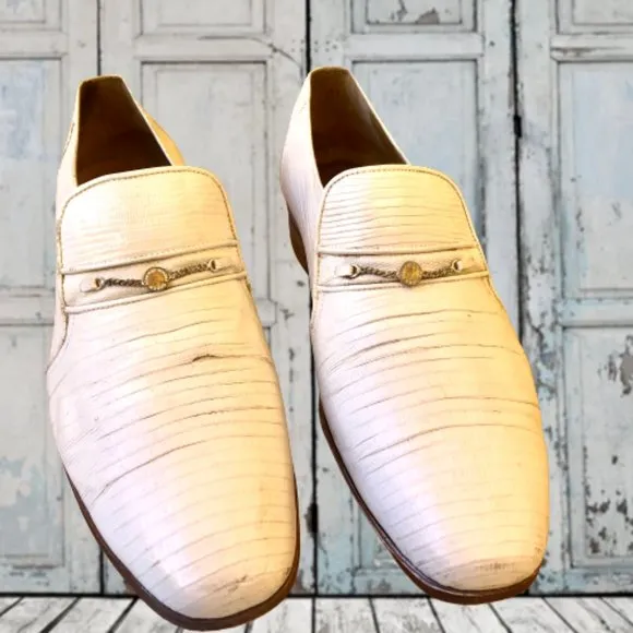 Vintage 80's Mens Dress Loafer White Leather Snake Print Queen French 10.5