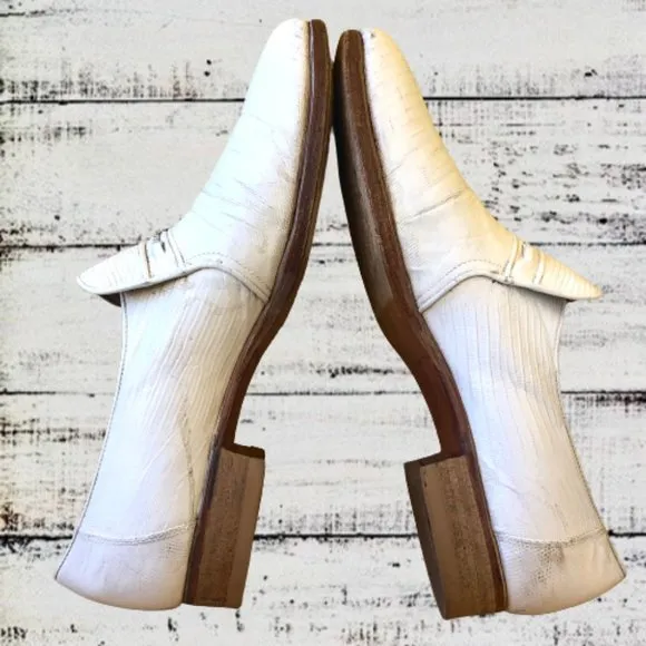 Vintage 80's Mens Dress Loafer White Leather Snake Print Queen French 10.5