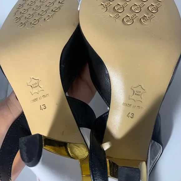 Vintage Sergio Cerruti Roma Black Leather Pointed Toe Gold Sling Back Heels- 43