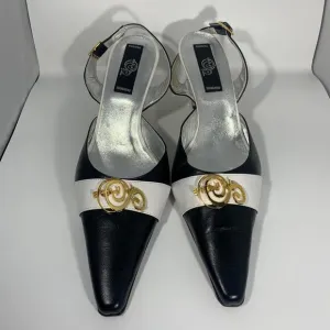 Vintage Sergio Cerruti Roma Black Leather Pointed Toe Gold Sling Back Heels- 43