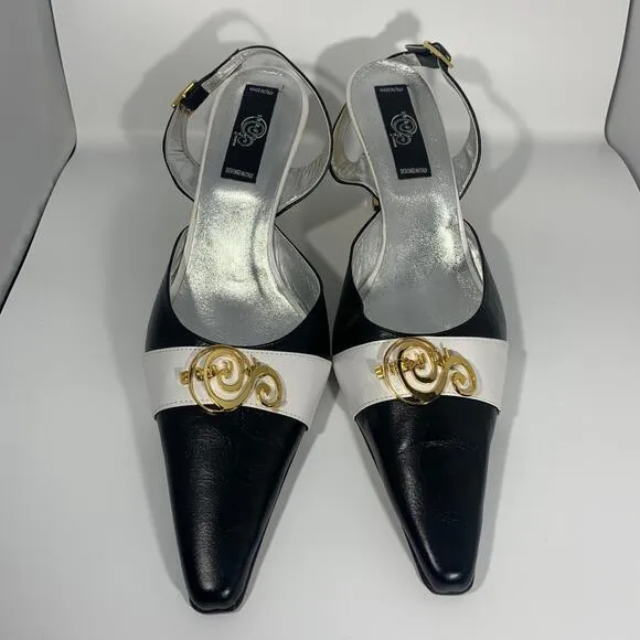 Vintage Sergio Cerruti Roma Black Leather Pointed Toe Gold Sling Back Heels- 43
