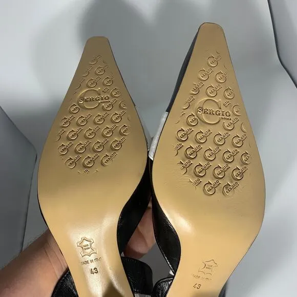 Vintage Sergio Cerruti Roma Black Leather Pointed Toe Gold Sling Back Heels- 43