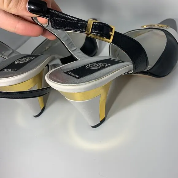Vintage Sergio Cerruti Roma Black Leather Pointed Toe Gold Sling Back Heels- 43