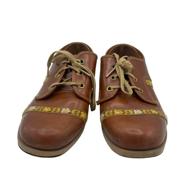 VTG Brunswick 60s 70s Bowling Oxford Shoes Brown Cognac Floral Embroider Sz 6.5