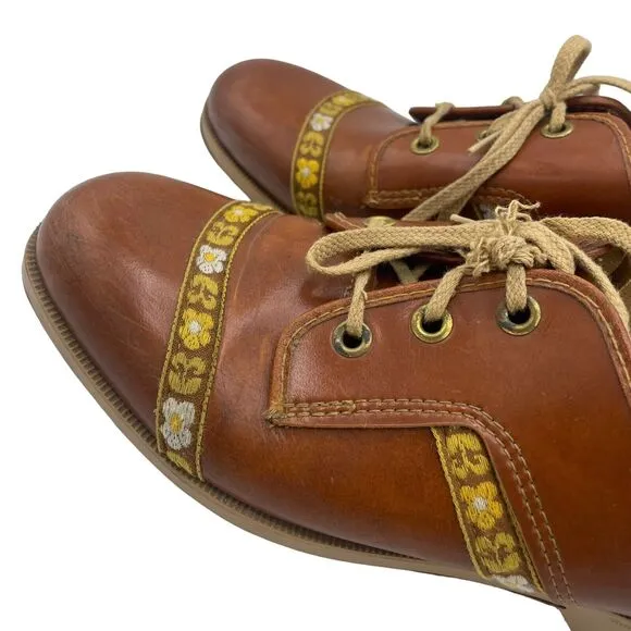VTG Brunswick 60s 70s Bowling Oxford Shoes Brown Cognac Floral Embroider Sz 6.5