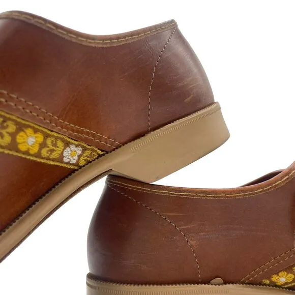 VTG Brunswick 60s 70s Bowling Oxford Shoes Brown Cognac Floral Embroider Sz 6.5
