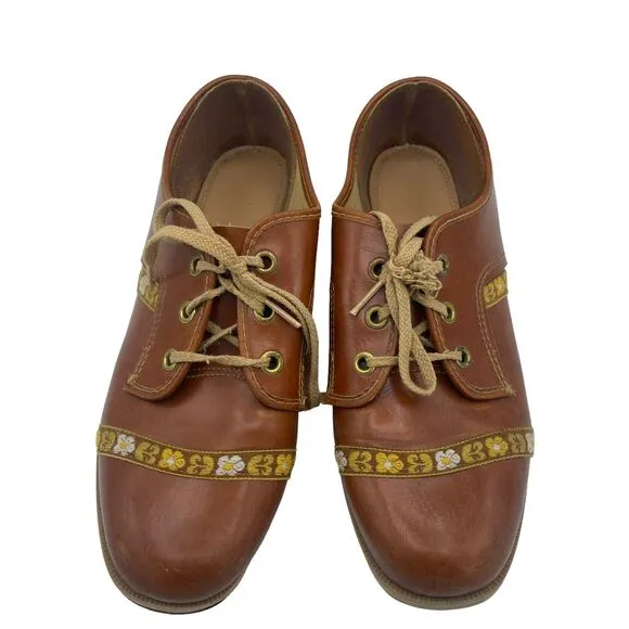 VTG Brunswick 60s 70s Bowling Oxford Shoes Brown Cognac Floral Embroider Sz 6.5