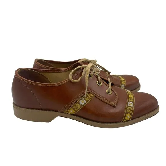 VTG Brunswick 60s 70s Bowling Oxford Shoes Brown Cognac Floral Embroider Sz 6.5