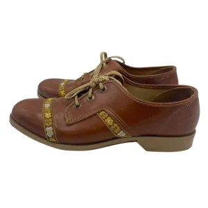 VTG Brunswick 60s 70s Bowling Oxford Shoes Brown Cognac Floral Embroider Sz 6.5