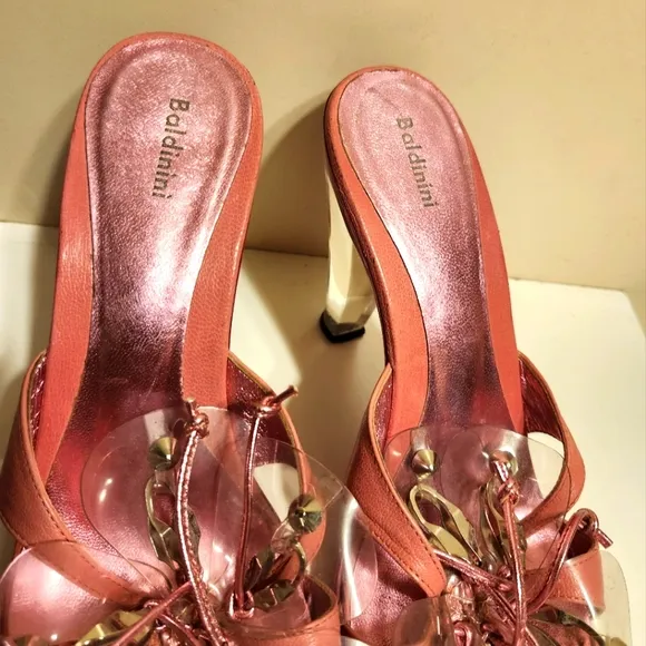Vtg. Mint Baldinini Pink Leather/PVC Flower Lucite Heel Sandals Sz.6.5 Ret$475