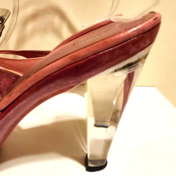 Vtg. Mint Baldinini Pink Leather/PVC Flower Lucite Heel Sandals Sz.6.5 Ret$475