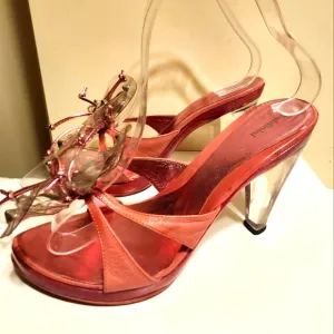 Vtg. Mint Baldinini Pink Leather/PVC Flower Lucite Heel Sandals Sz.6.5 Ret$475
