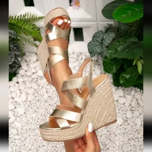 Women Fashionable And Comfortable Gold Round Toe Sandals,With Crossed Elastic