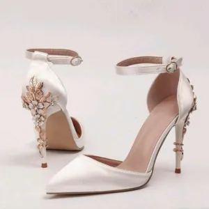 Women Rhinestone &amp; Flower Decor Point Toe Stiletto Heeled Pumps, Fashionable